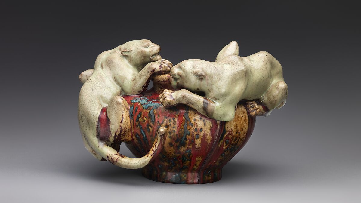 Bowl with two panthers, Pierre-Adrien Dalpayrat (French, Limoges 1844–1910 Limoges), Stoneware, French, Bourg-la-Reine