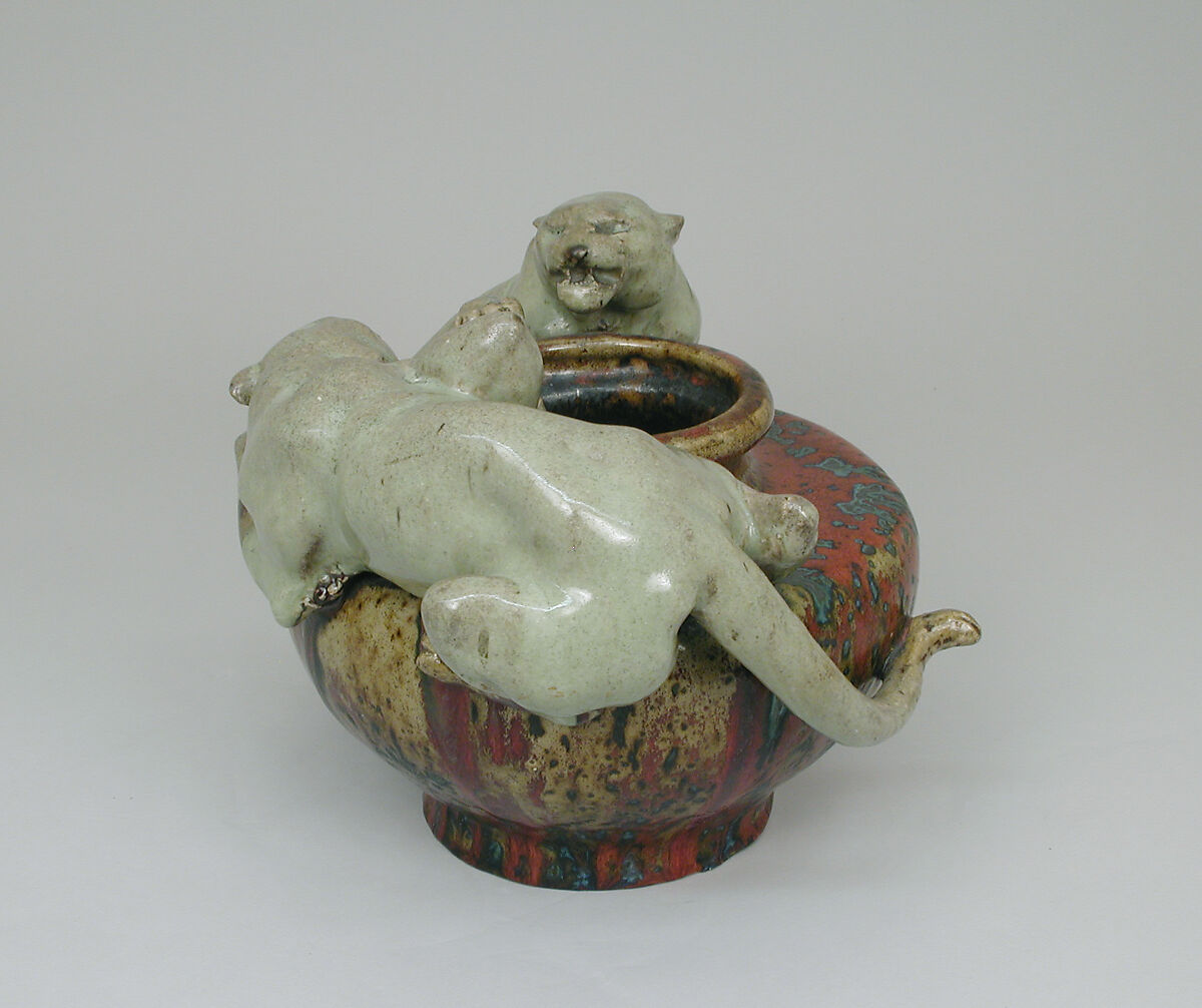 Bowl with two panthers, Pierre-Adrien Dalpayrat (French, Limoges 1844–1910 Limoges), Stoneware, French, Bourg-la-Reine