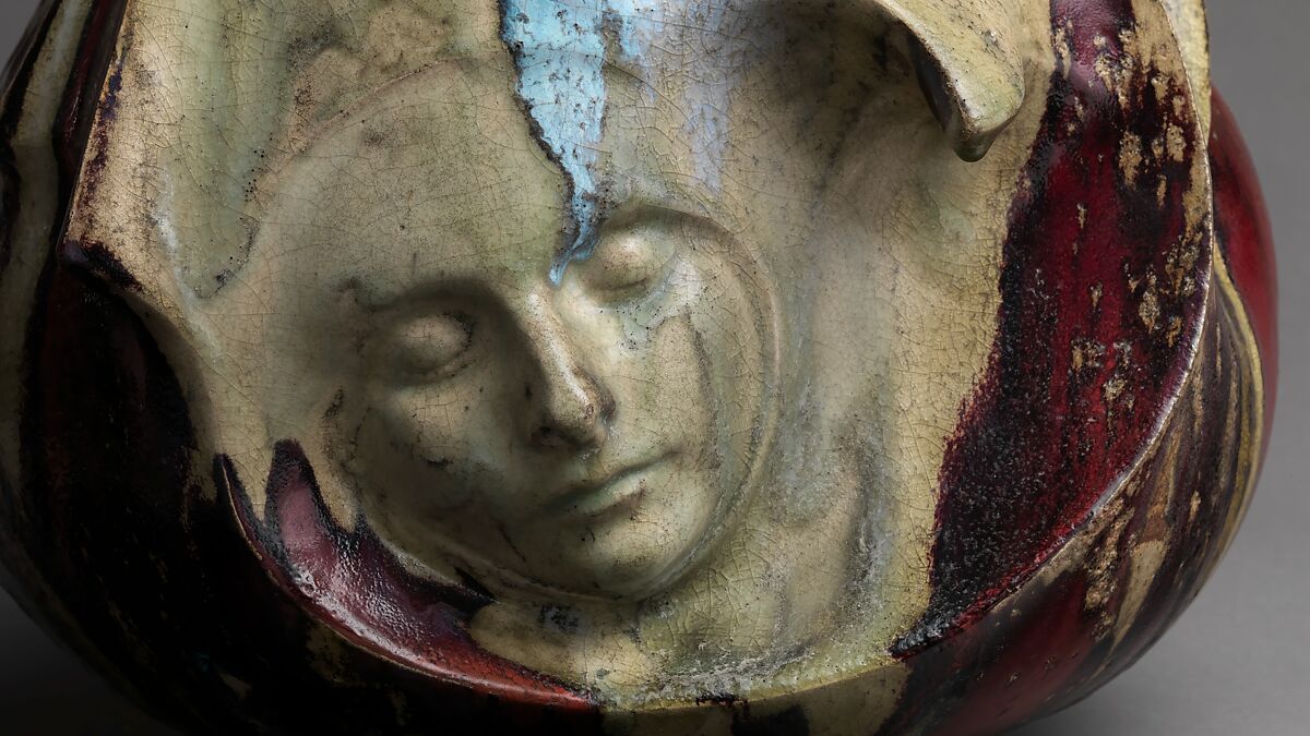 Vase with face, Pierre-Adrien Dalpayrat (French, Limoges 1844–1910 Limoges), Stoneware, French, Bourg-la-Reine