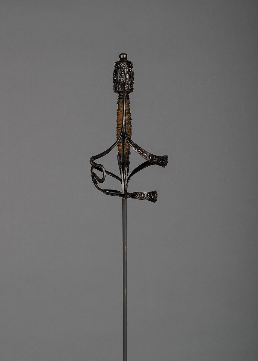 Rapier of Ambrogio Spinola (1569–1630) with Scabbard Chape, Hilt inscribed M. I. F. (northern European, active ca. 1600), Steel, Northern European, possibly France