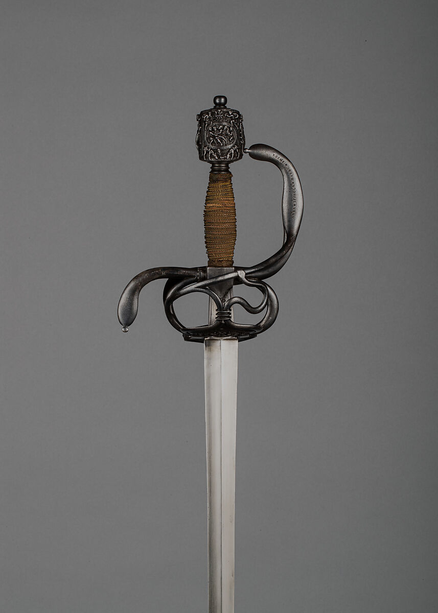 Rapier of Ambrogio Spinola (1569–1630) with Scabbard Chape, Hilt inscribed M. I. F. (northern European, active ca. 1600), Steel, Northern European, possibly France