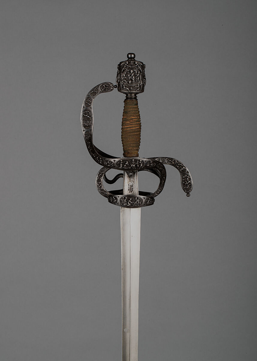 Rapier of Ambrogio Spinola (1569–1630) with Scabbard Chape, Hilt inscribed M. I. F. (northern European, active ca. 1600), Steel, Northern European, possibly France 