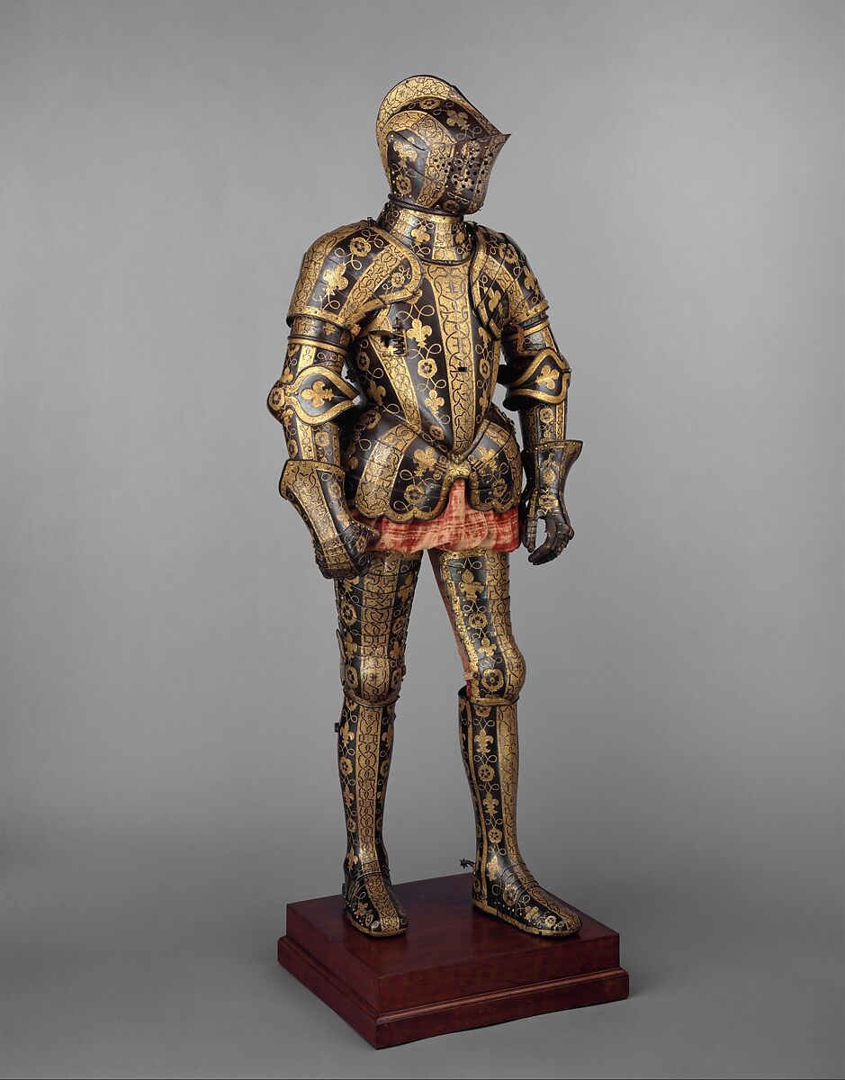 Armor Garniture of George Clifford (1558–1605), 
Third Earl of Cumberland, Made under the direction of Jacob Halder (British, master armorer at the royal workshops at Greenwich, documented in England 1558–1608), Steel, gold, leather, textile, British, Greenwich 