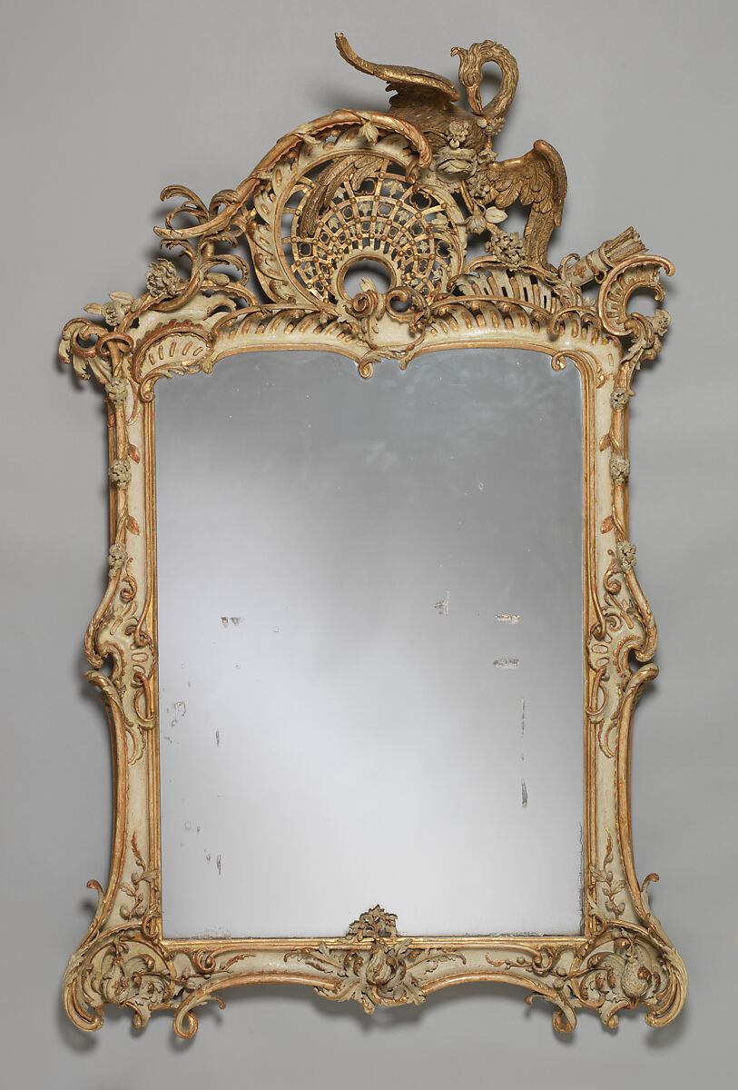 Wall mirror, Johann Michael Hoppenhaupt (German, 1709–1769), Pine, lindenwood, painted and gilded, mirror glass, German, Potsdam or Berlin 