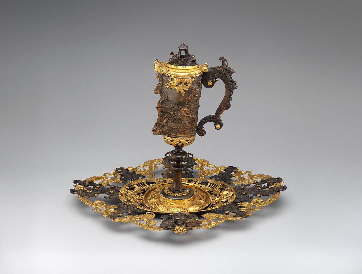 Ewer and stand (présentoir), Martin Gizl (Austrian, 1707–1786), Alpine ibex horn, gold and gilded copper, Austrian, Salzburg 