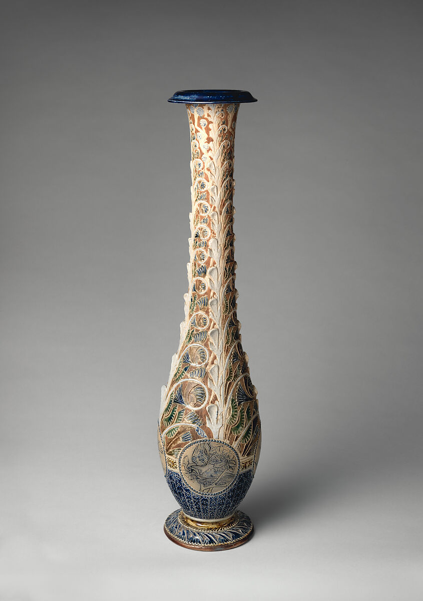 Tall vase with four roundels, R. W. Martin and Brothers (British, 1873–1915), Stoneware, British, Southall, London 