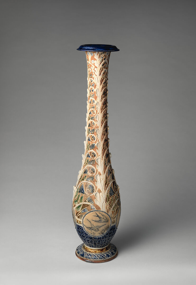 Tall vase with four roundels, R. W. Martin and Brothers (British, 1873–1915), Stoneware, British, Southall, London