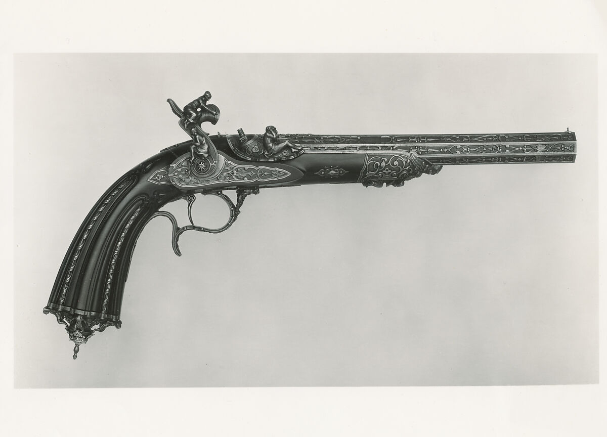 Percussion Pistol with Case, Alfred Gauvain (French, Paris 1801–1889 Paris), Steel, wood (ebony), gold, wood, textile, French, Paris 