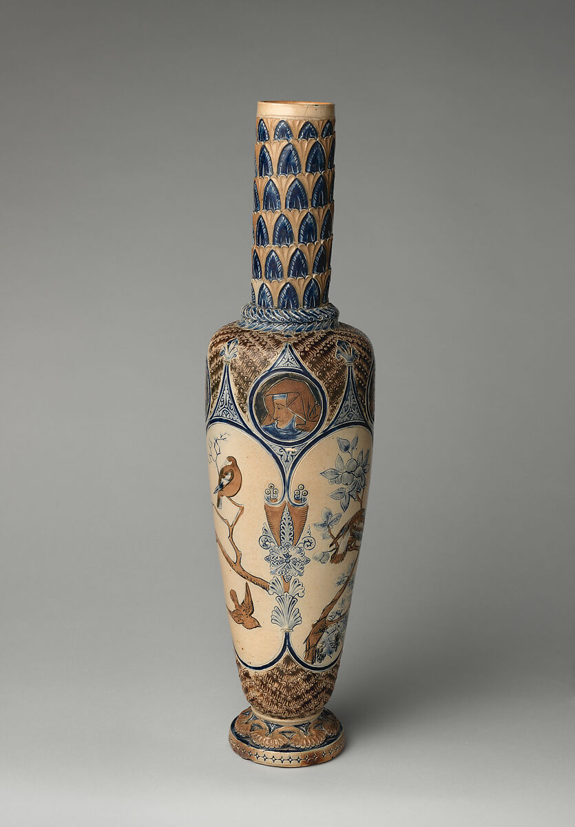 Vase with birds and portrait, R. W. Martin and Brothers (British, 1873–1915), Stoneware, British, Southall, London 