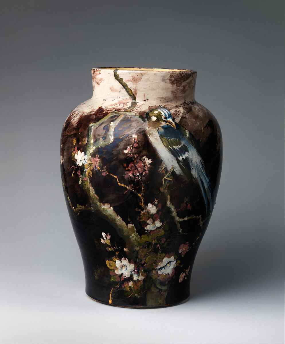 Vase with blue jay, François Laurin (French, 1826–1901), Stoneware, French, Bourg-la-Reine 