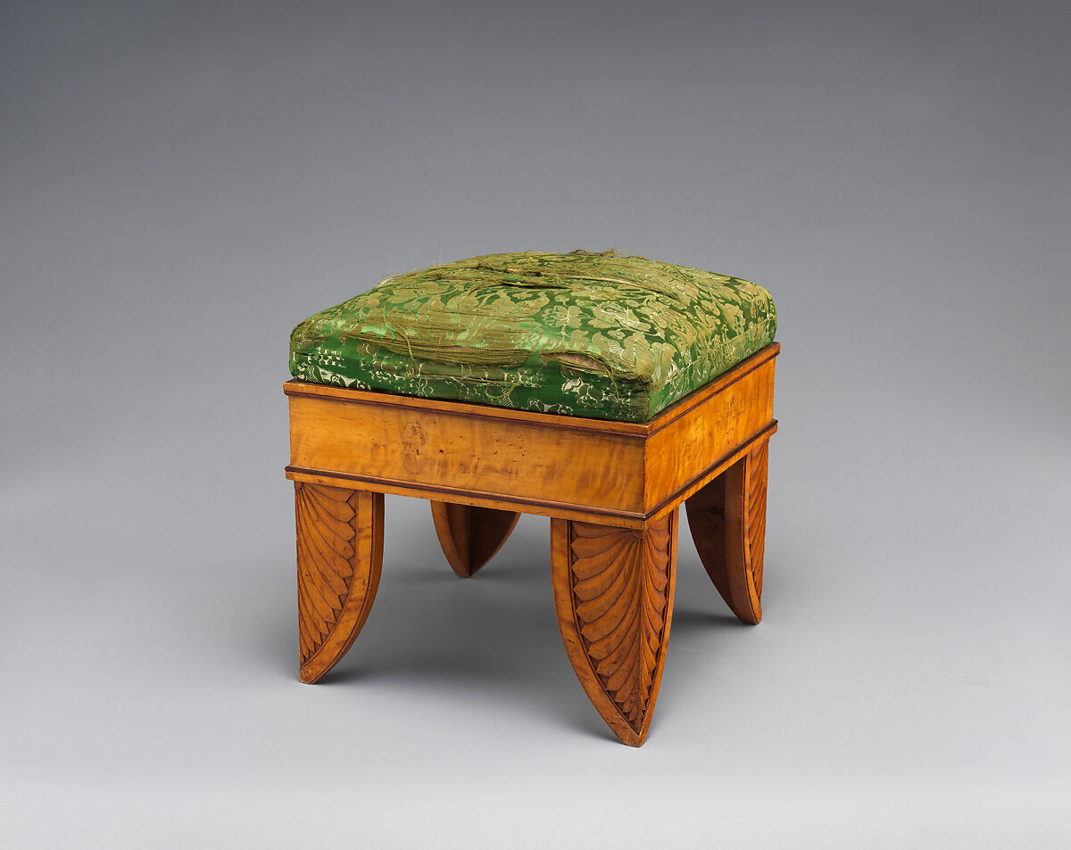 Stool (tabouret), After a design by Friedrich Gilly (German, Szczecin, Poland 1772–1800 Carlsbad, Czech Republic), Pine, birch, mahogany; silk, lampas, German, Berlin