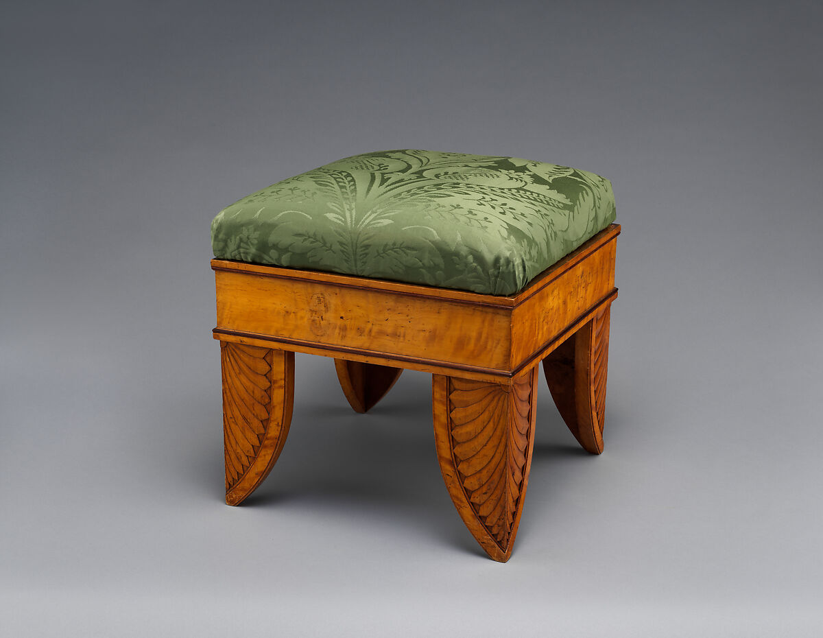 Stool (tabouret), After a design by Friedrich Gilly (German, Szczecin, Poland 1772–1800 Carlsbad, Czech Republic), Pine, birch, mahogany; silk, lampas, German, Berlin 