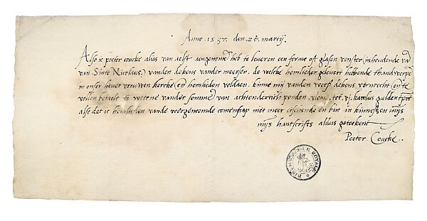 Handwritten Receipt [Familiepapieren Varia, s.v. Coucke (1537)], Pieter Coecke van Aelst (Netherlandish, Aelst 1502–1550 Brussels), Pen and brown ink, Netherlandish, Brussels 