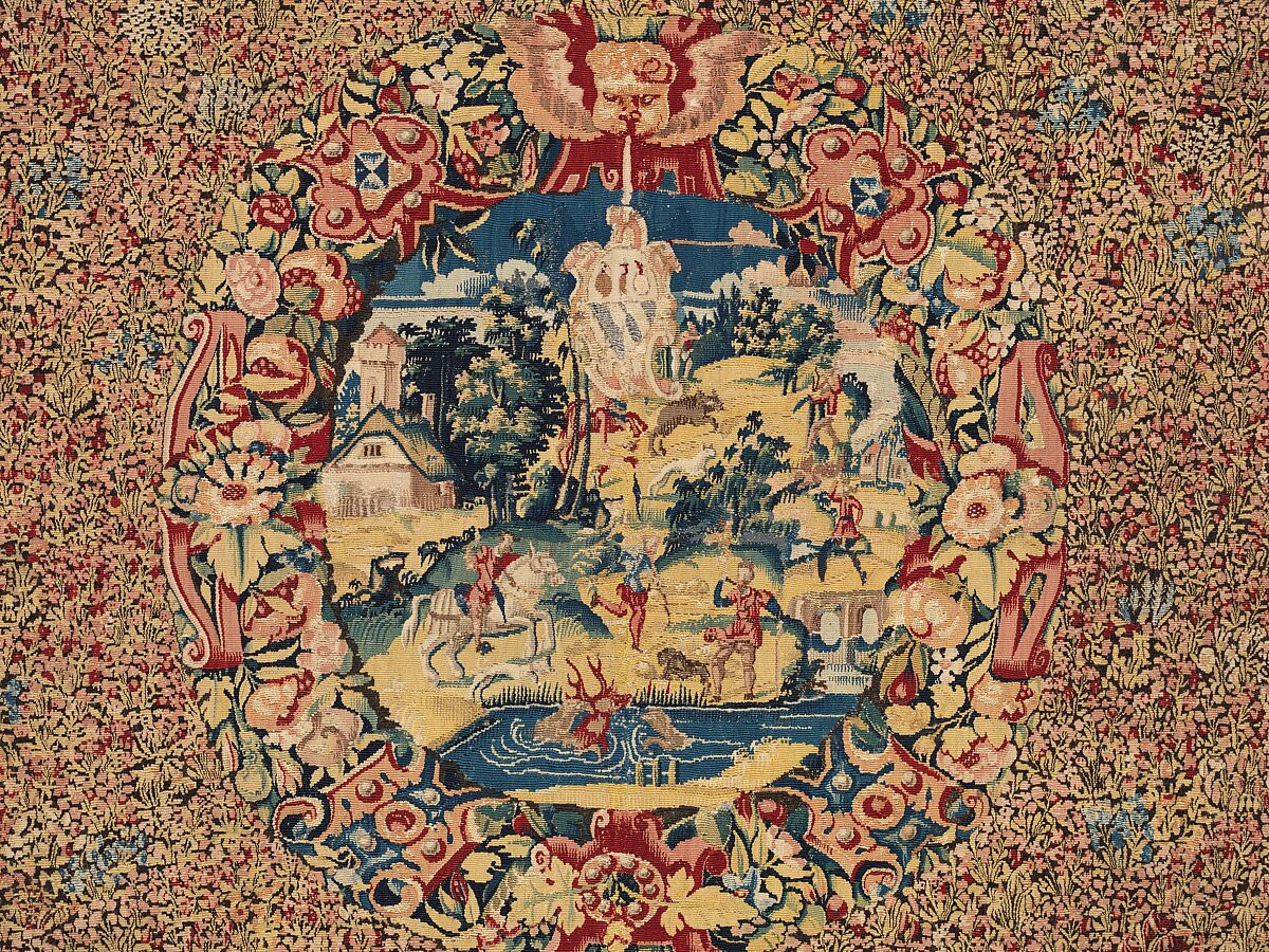 Cartouches with landscapes and armorials against a mille-fleurs ground, Wool and silk, Flemish, Bruges