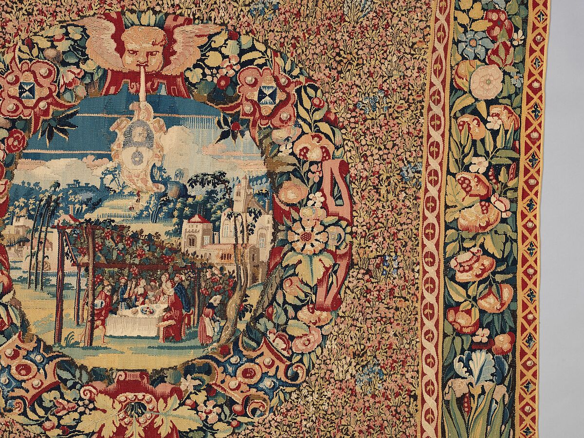Cartouches with landscapes and armorials against a mille-fleurs ground, Wool and silk, Flemish, Bruges