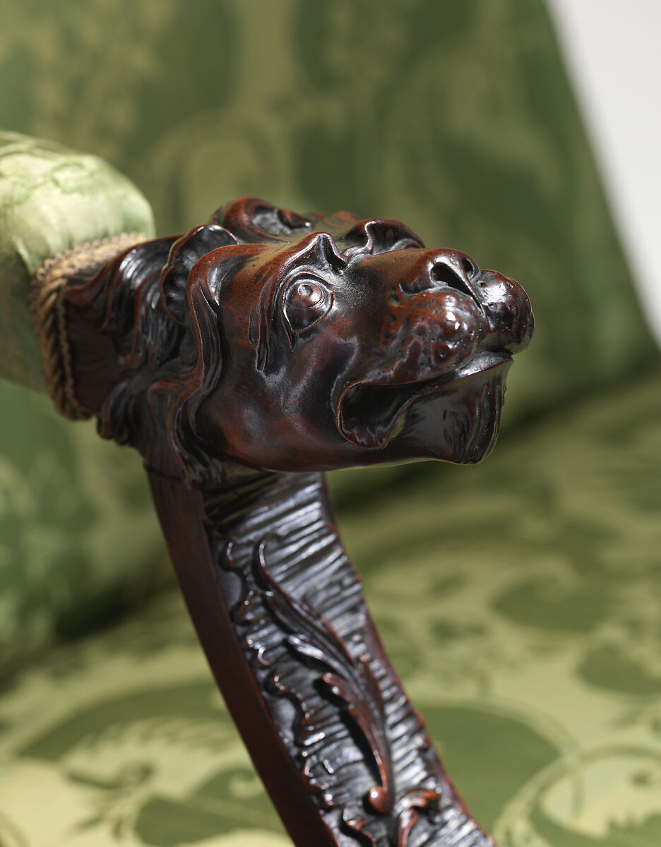 Armchair (one of a pair), Mahogany; upholstered with modern damask, British