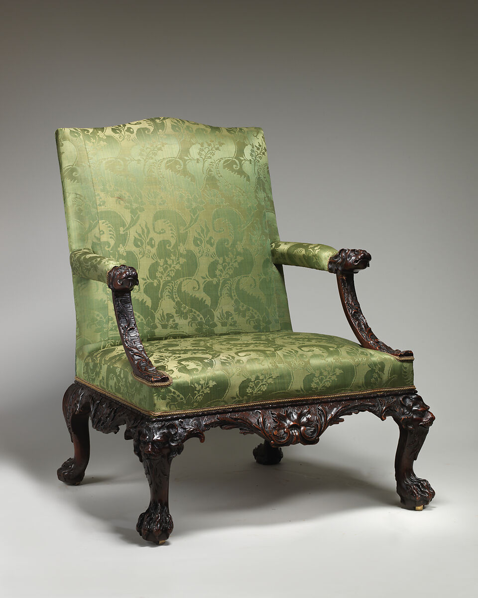 Armchair (one of a pair), Mahogany; upholstered with modern damask, British 