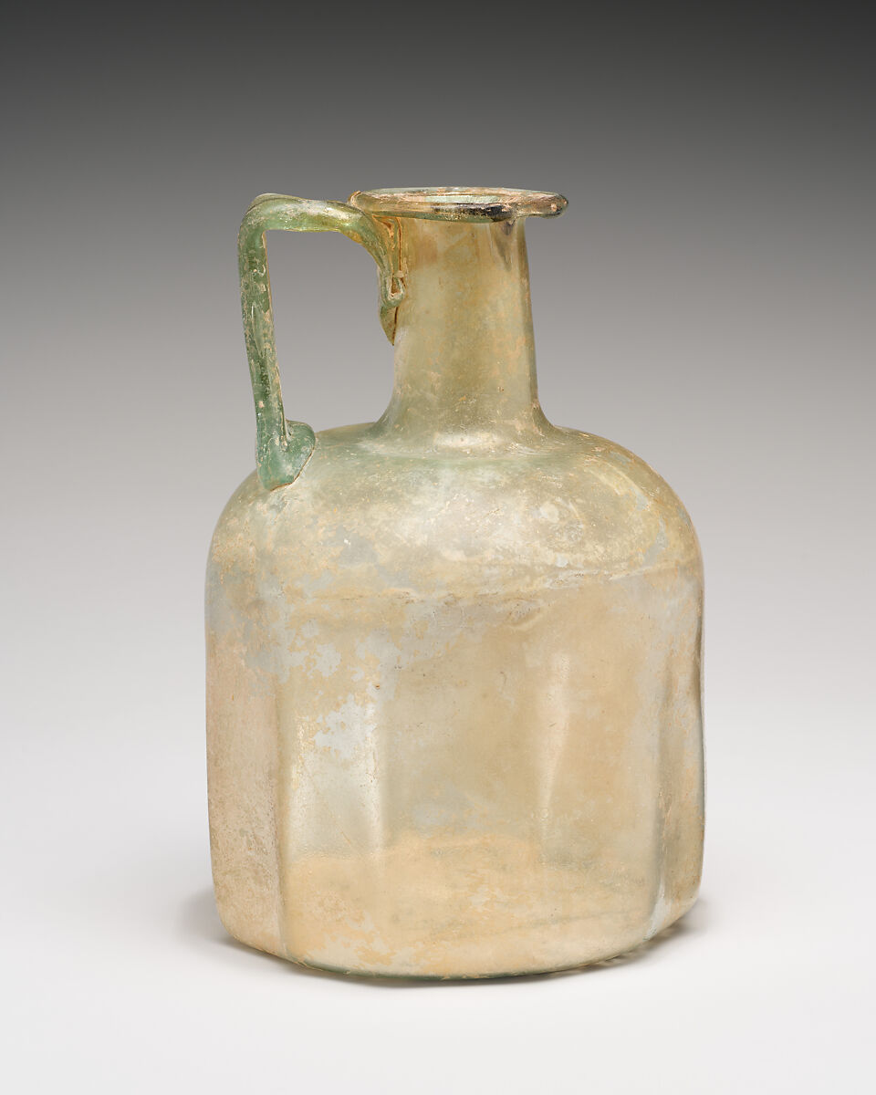 Glass polygonal bottle, Glass, Roman
