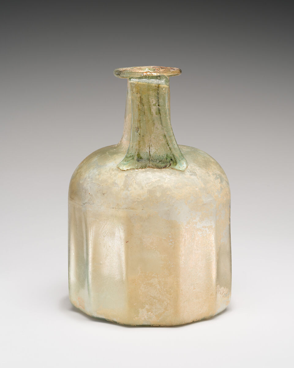 Glass polygonal bottle, Glass, Roman
