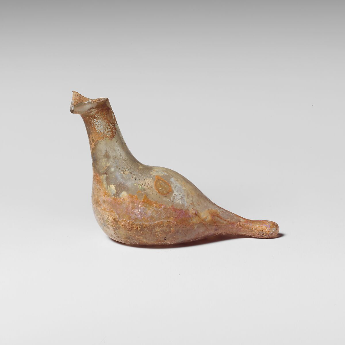 Glass bottle shaped like a bird, Glass, Roman 