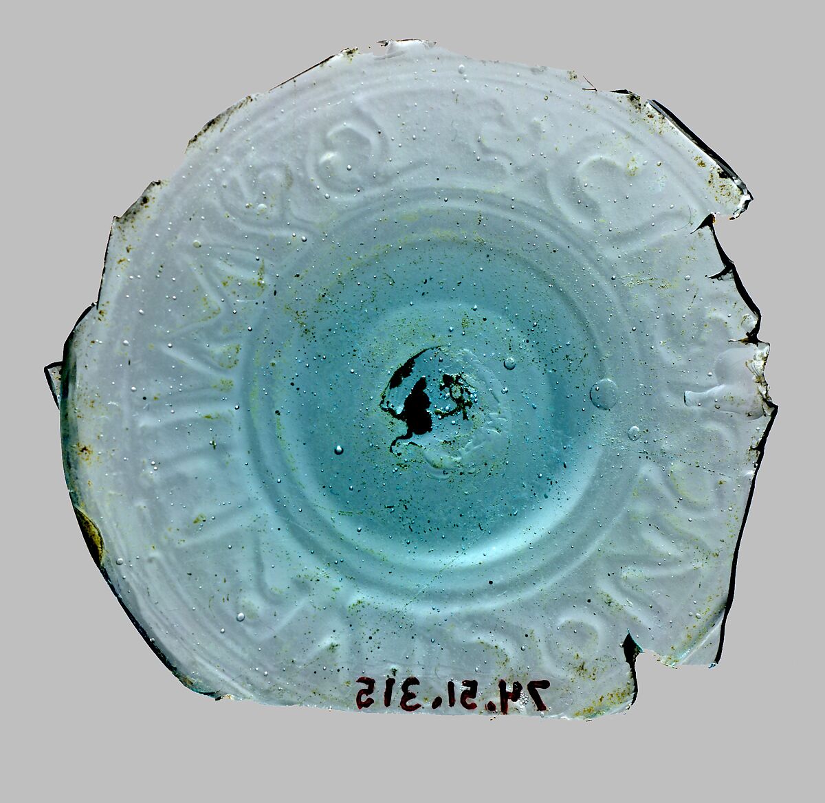 Glass base fragment of a cylindrical bottle, Glass, Roman 