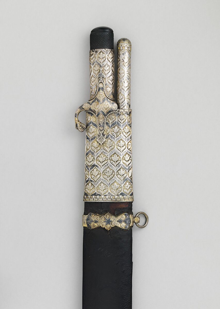 Saber and Dart with Scabbard, Steel, silver, gold, wood, leather, copper-silver alloy (niello), Mounts and scabbard, Turkish; blade, European