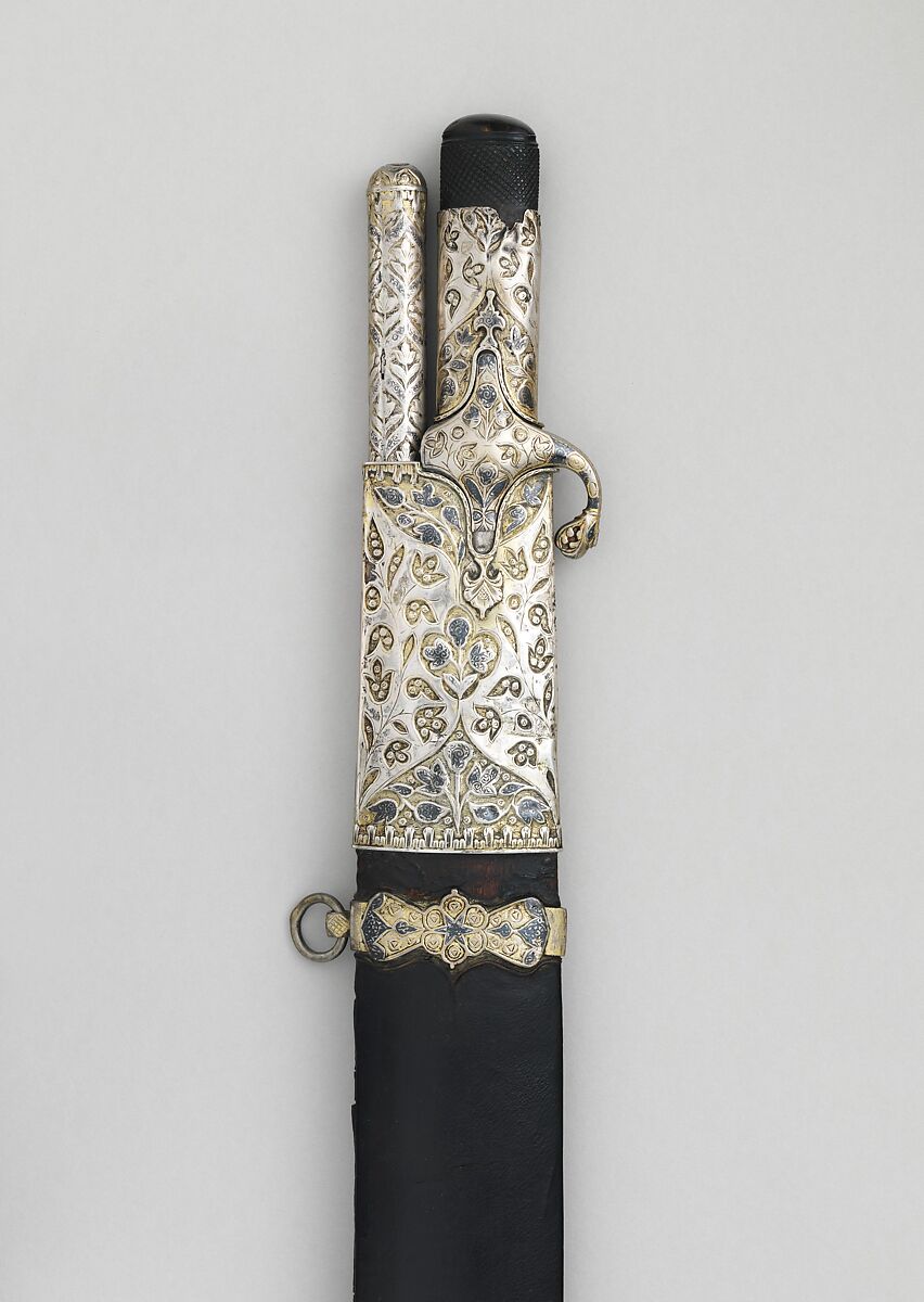 Saber and Dart with Scabbard, Steel, silver, gold, wood, leather, copper-silver alloy (niello), Mounts and scabbard, Turkish; blade, European