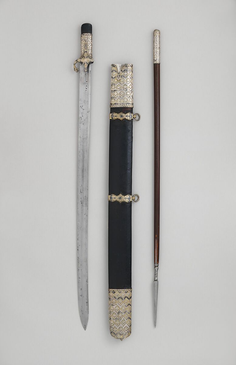 Saber and Dart with Scabbard, Steel, silver, gold, wood, leather, copper-silver alloy (niello), Mounts and scabbard, Turkish; blade, European