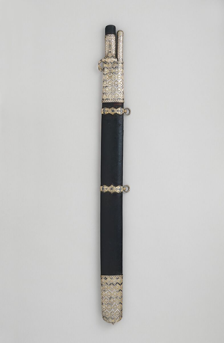 Saber and Dart with Scabbard, Steel, silver, gold, wood, leather, copper-silver alloy (niello), Mounts and scabbard, Turkish; blade, European 