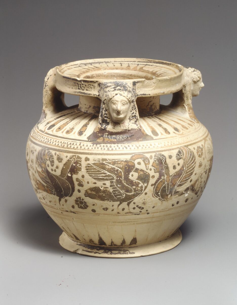Terracotta pyxis (cosmetic box), Terracotta, Greek, Corinthian