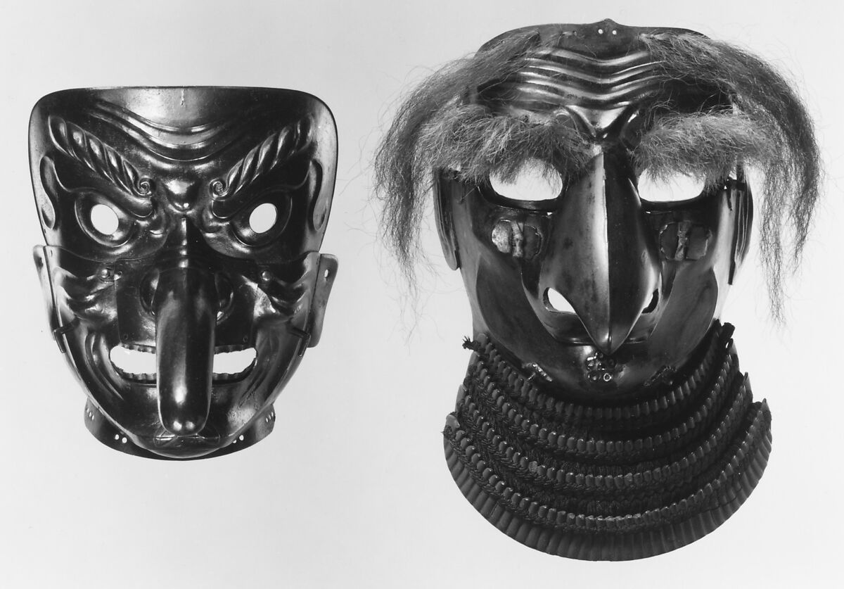 Mask (Sōmen) Representing a Tengu, Leather, lacquer, hair, silk, Japanese 