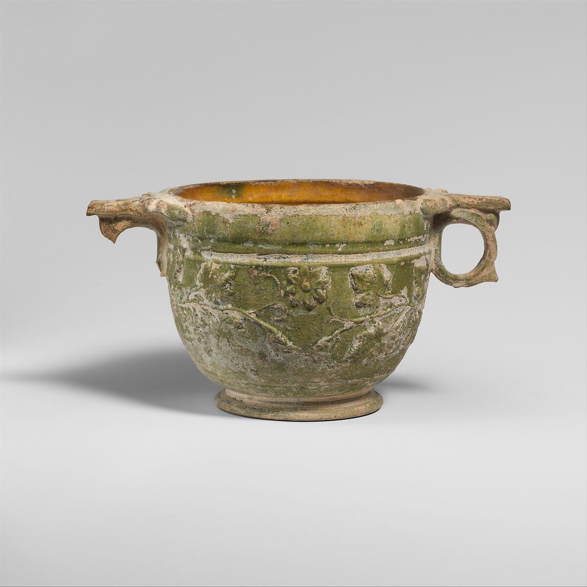 Terracotta lead-glazed scyphus (drinking cup), Terracotta, Roman 