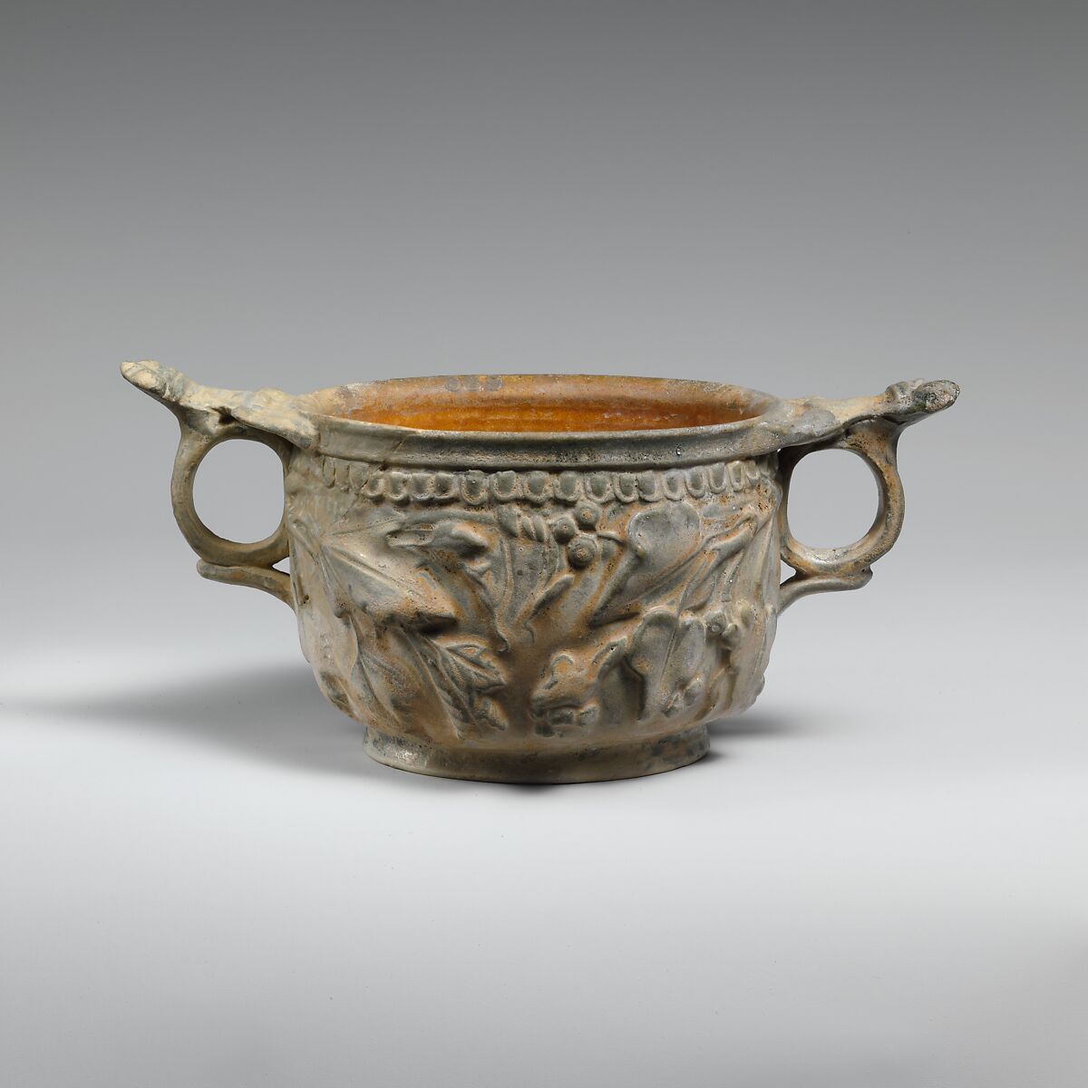 Terracotta lead-glazed scyphus (drinking cup), Terracotta, Roman 
