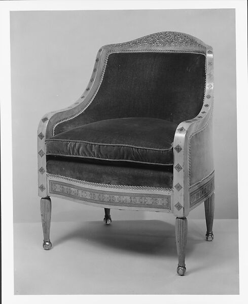 Armchair, Louis C. Tiffany (American, New York 1848–1933 New York), Prima vera, American ash (secondary wood); marquetry of various woods and brass; replacement upholstery, American 