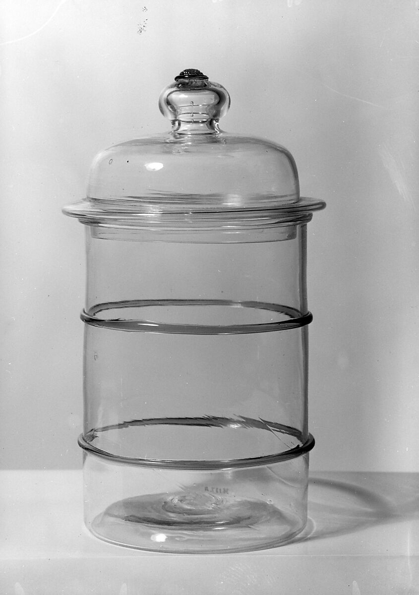 Covered Jar, Free-blown non-lead colorless and blue glass, American 