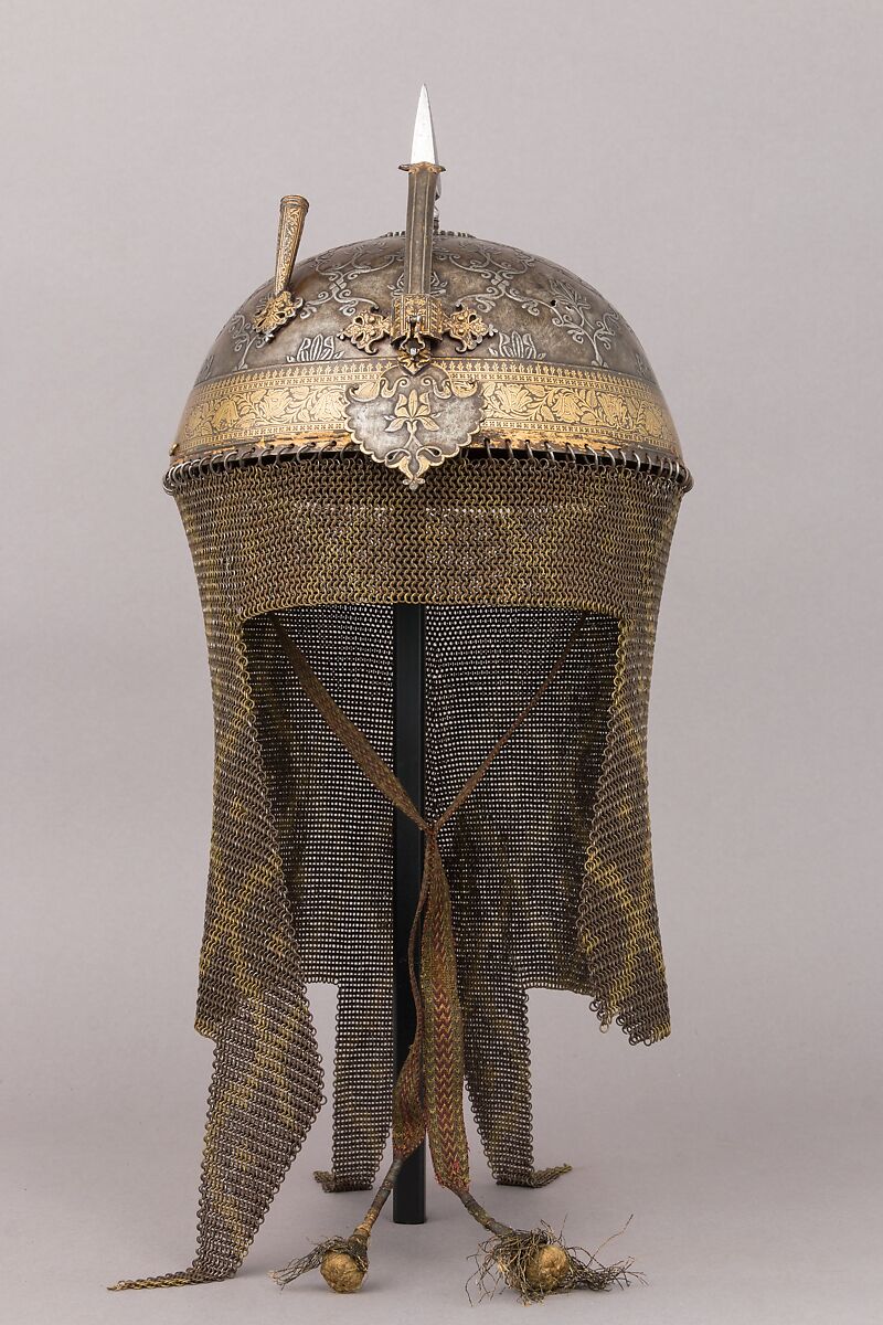 Helmet and Arm Guards, Steel, gold, copper alloy, brass, textile, metallic thread, Indian