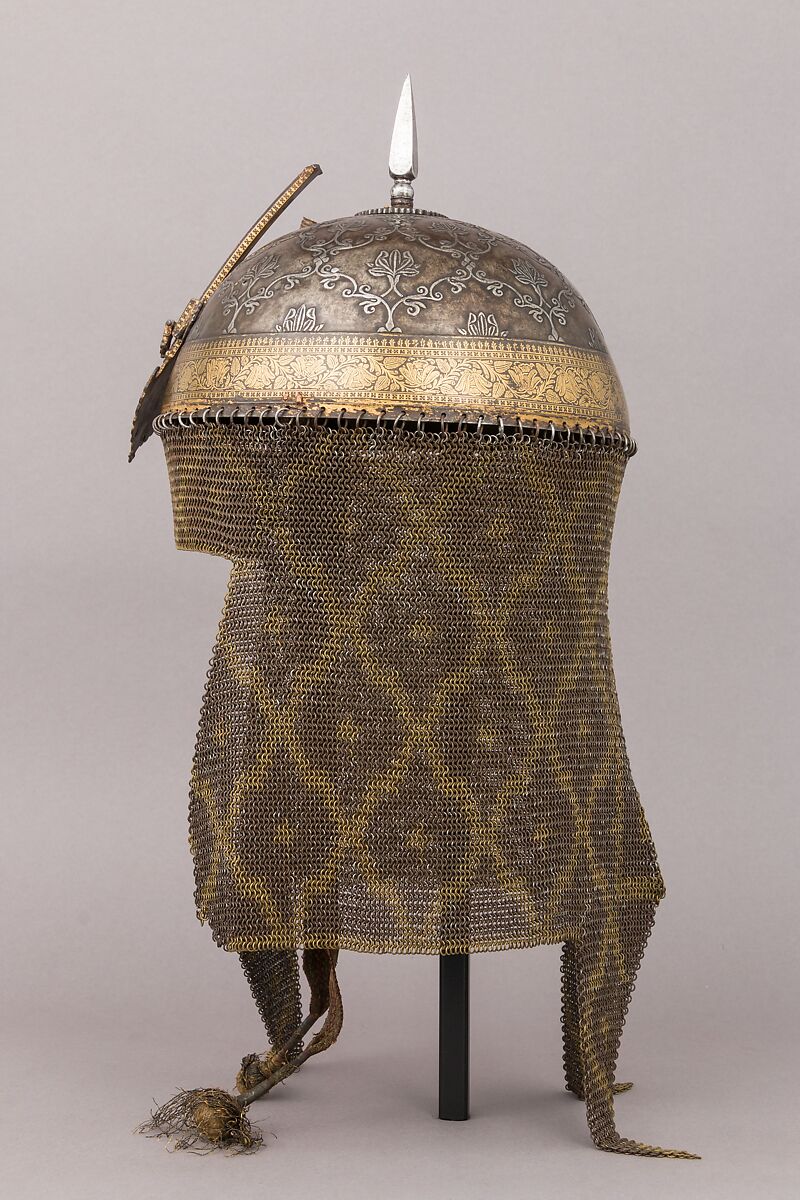 Helmet and Arm Guards, Steel, gold, copper alloy, brass, textile, metallic thread, Indian