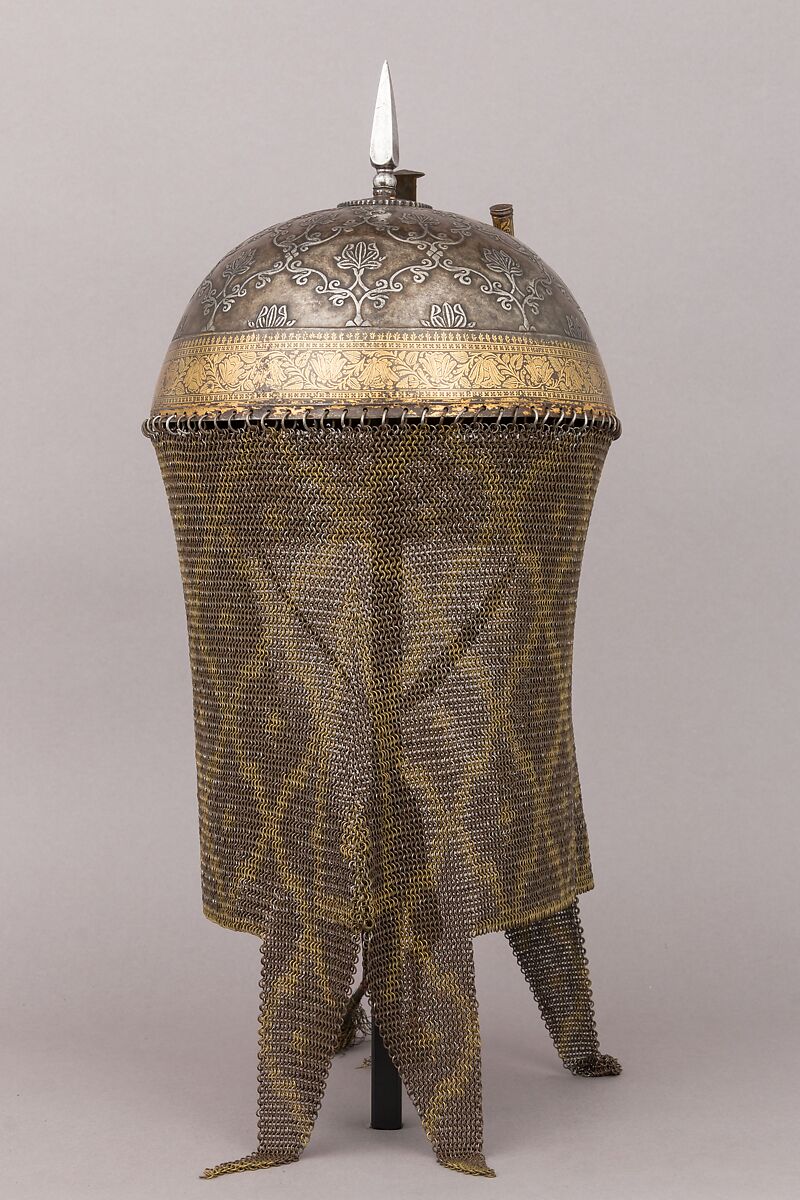 Helmet and Arm Guards, Steel, gold, copper alloy, brass, textile, metallic thread, Indian