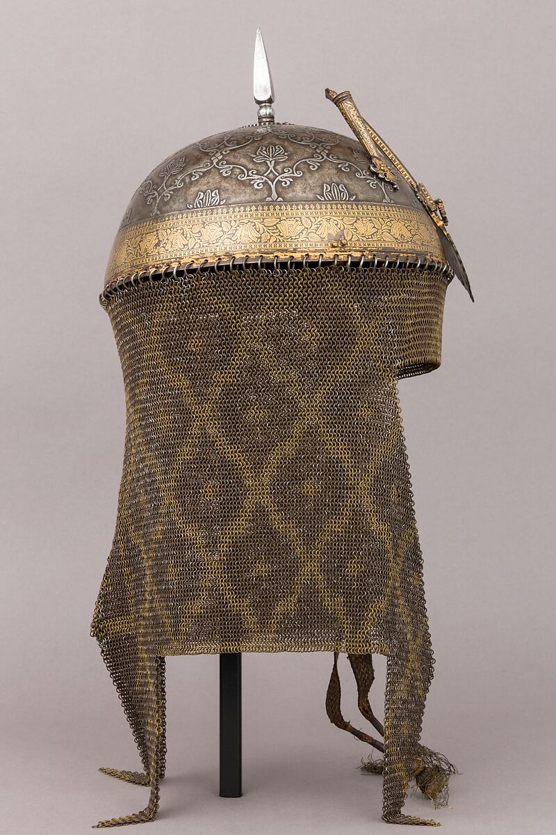Helmet and Arm Guards, Steel, gold, copper alloy, brass, textile, metallic thread, Indian