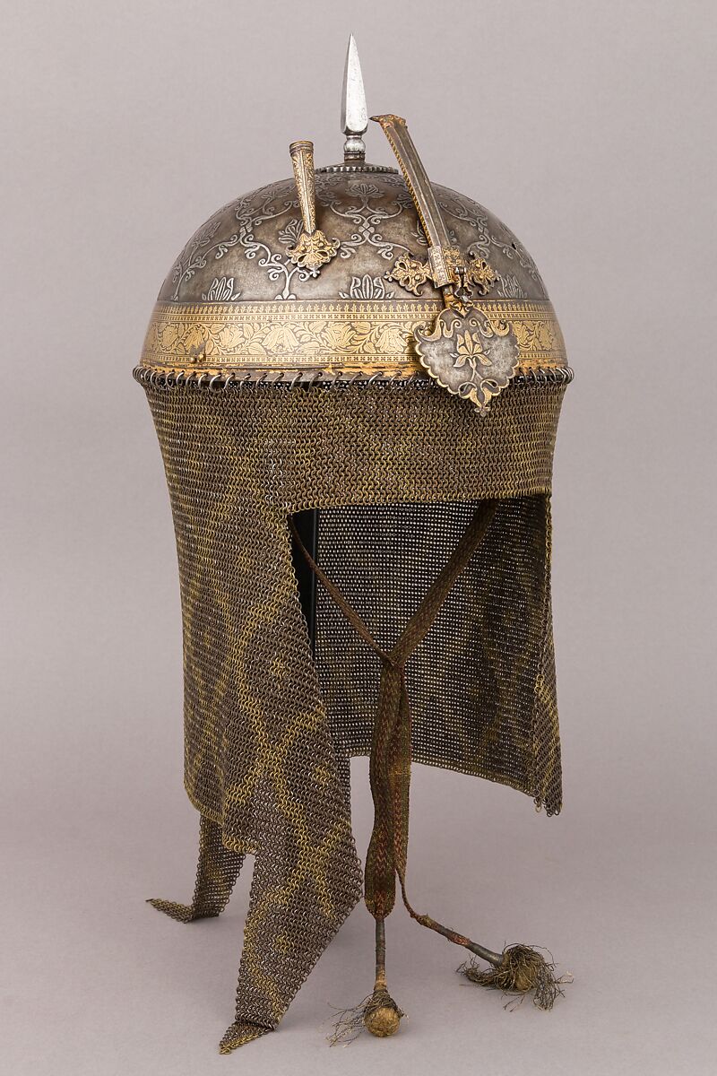 Helmet and Arm Guards, Steel, gold, copper alloy, brass, textile, metallic thread, Indian 