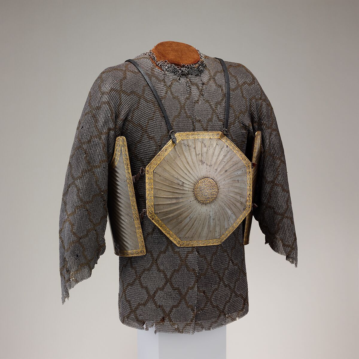 Cuirass (<i>Char-aina</i>), Steel, iron, gold, leather, textile (wool), Persian, Safavid 