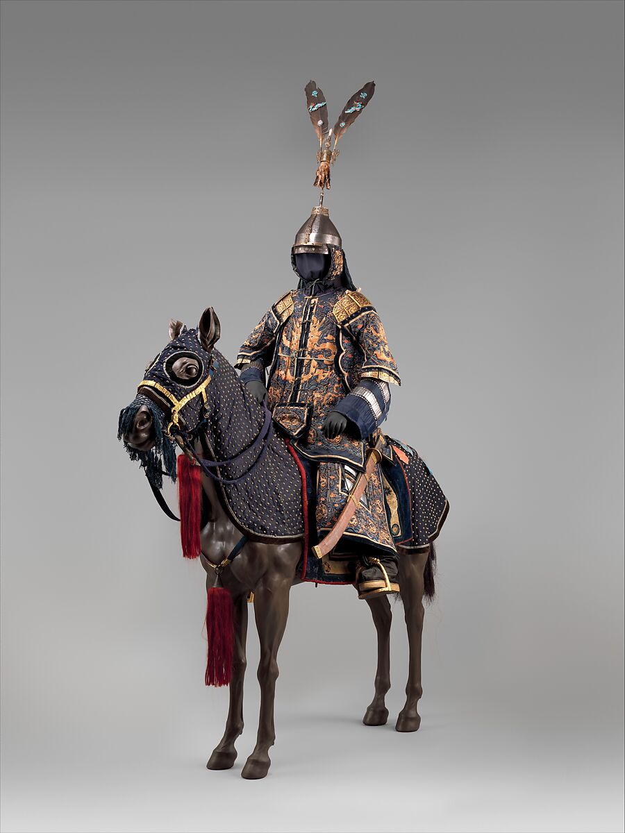 Ceremonial Armors for Man (<i>Dingjia</i>) and Horse, Steel, gold, silver, velvet, satin, iron, coral, malachite, turquoise, crystal, silk, cotton, brass, pearls, marten, feathers (kingfisher), paper, lacquer, Chinese 
