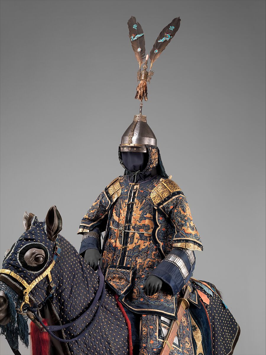 Ceremonial Armors for Man (<i>Dingjia</i>) and Horse, Steel, gold, silver, velvet, satin, iron, coral, malachite, turquoise, crystal, silk, cotton, brass, pearls, marten, feathers (kingfisher), paper, lacquer, Chinese
