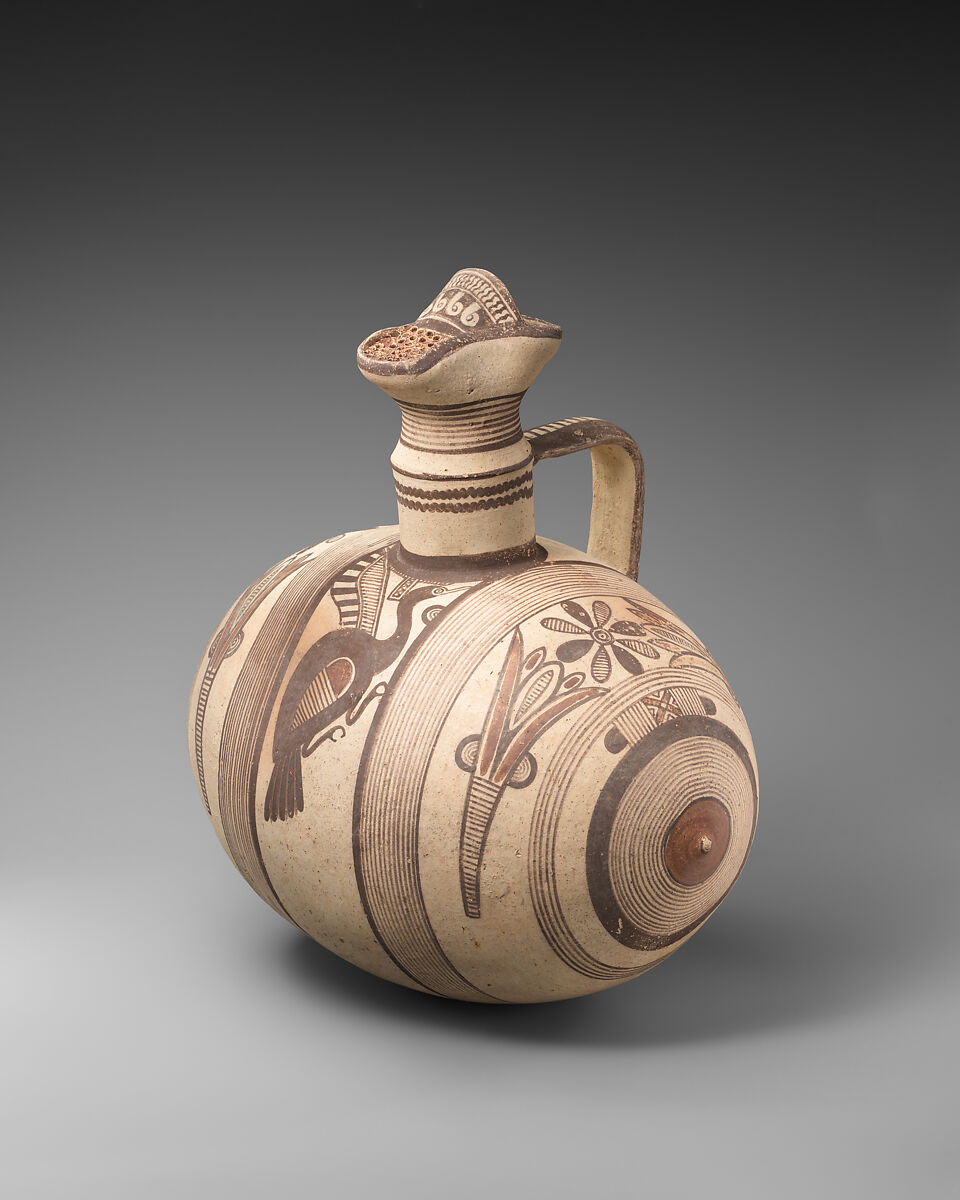 Terracotta barrel jug with strainer, Terracotta, Cypriot
