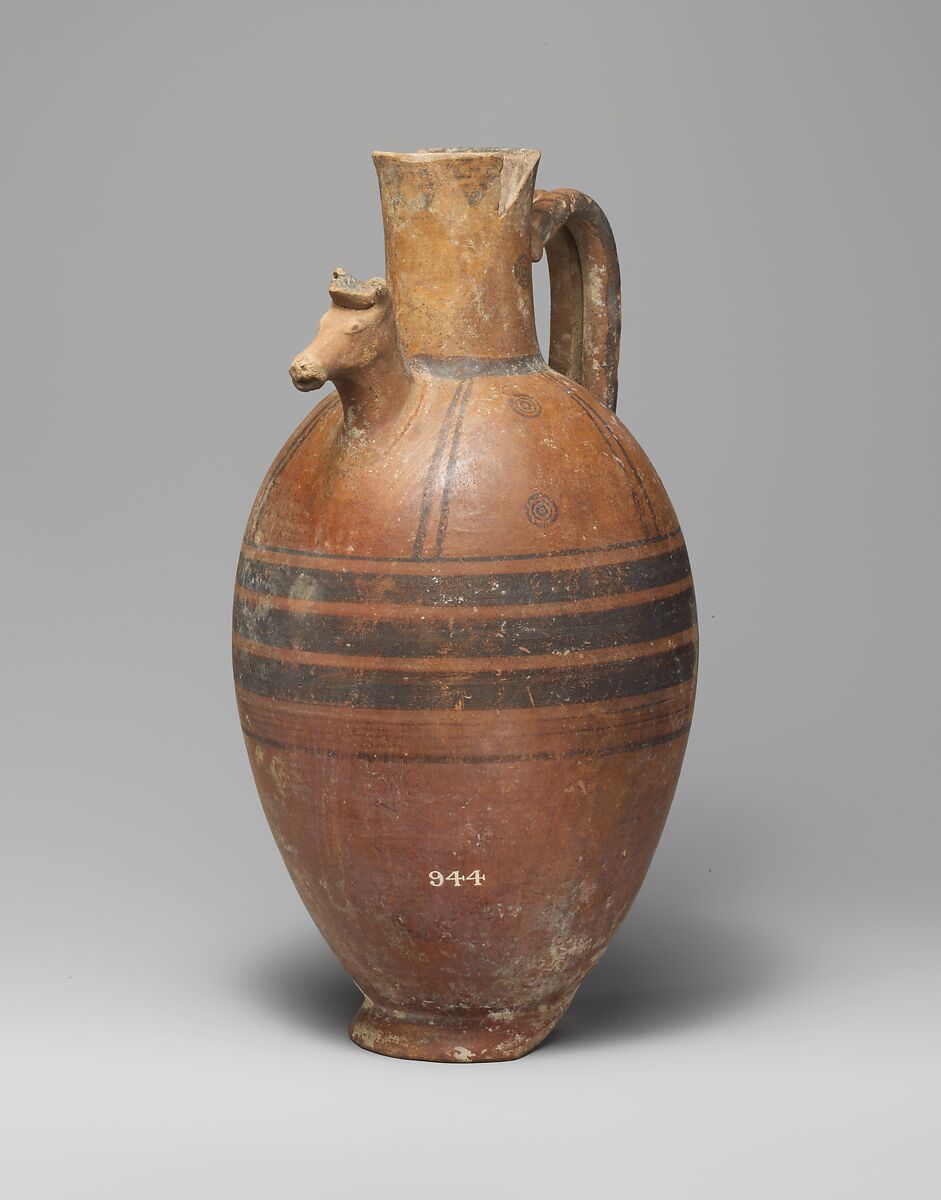 Terracotta jug with horse's head in relief, Terracotta, Cypriot 