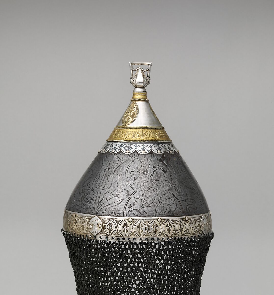 Helmet, Steel, silver, niello, Turkish