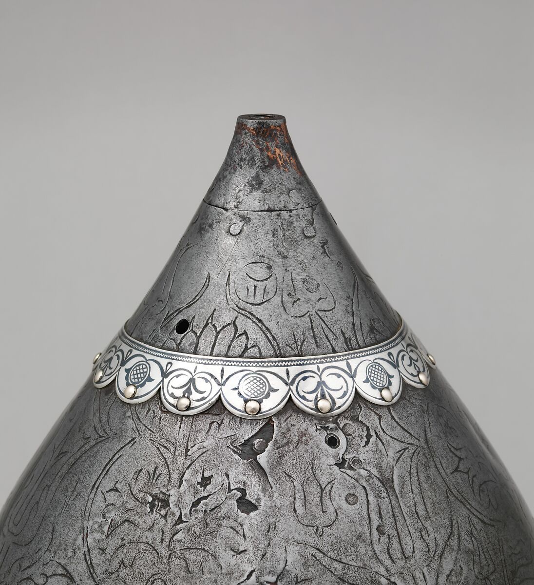 Helmet, Steel, silver, niello, Turkish
