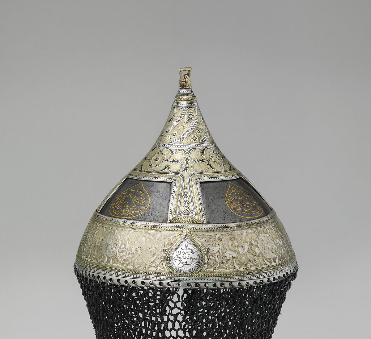 Helmet, Steel, iron, silver, copper alloy (niello), gold, textile, Crimean or South Russian