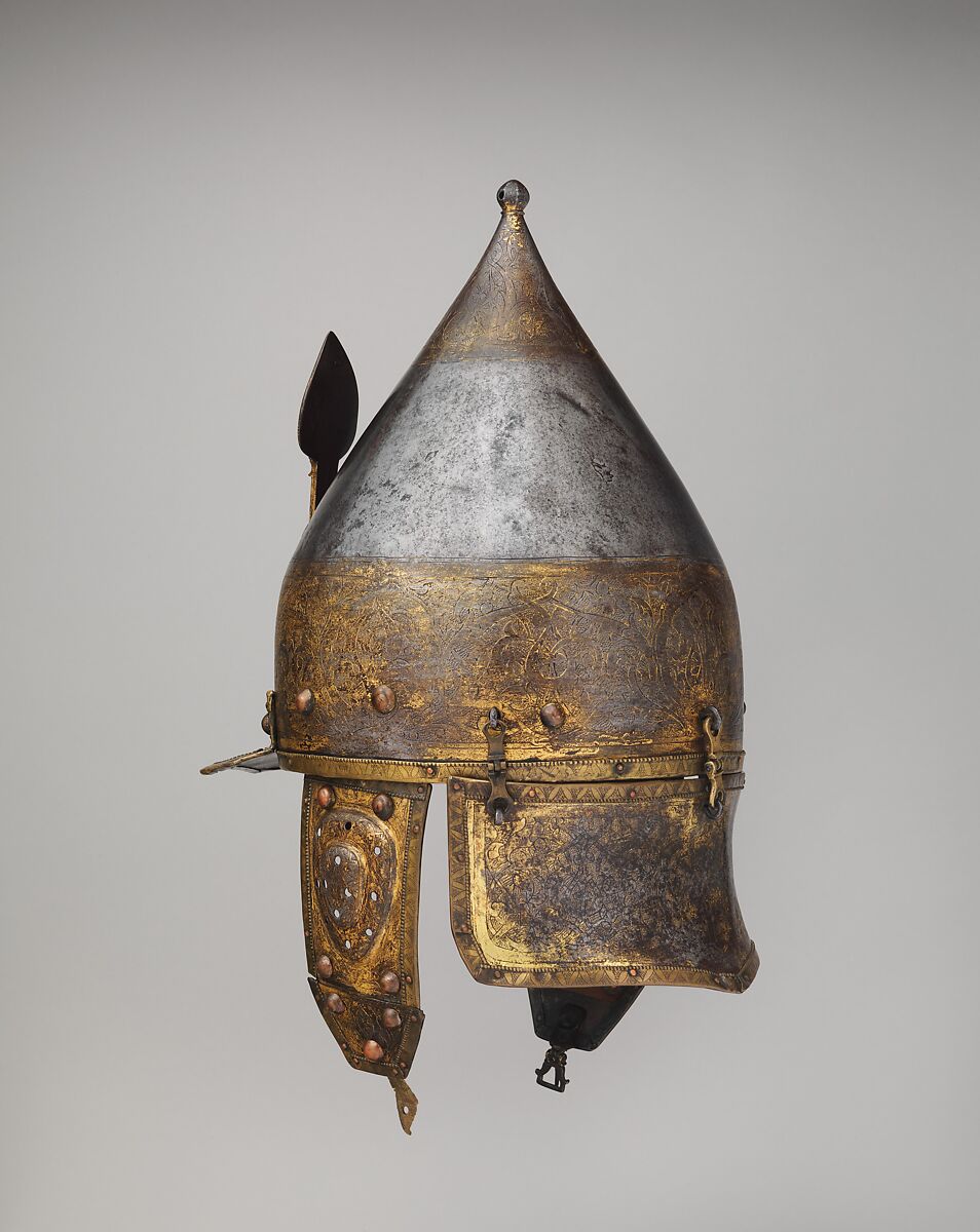 Helmet, Steel, iron, gold, copper alloy, possibly Turkish, Istanbul, in the style of Turkman armor