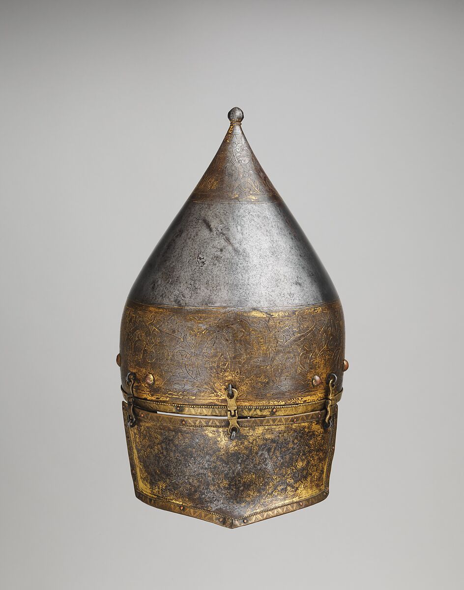 Helmet, Steel, iron, gold, copper alloy, possibly Turkish, Istanbul, in the style of Turkman armor